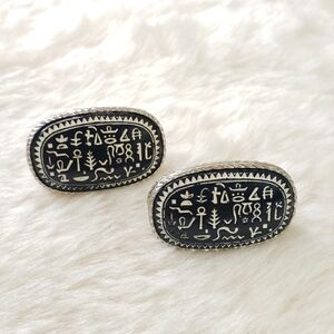 VINTAGE Large Hieroglyphics Egyptian Revival Cufflinks Etched Glass Cabochon